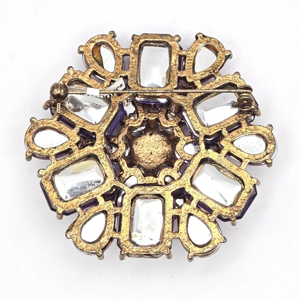 Fortunoff Vintage‎ Purple Pink Rhinestone Cabochon Flower Brooch Pin 2.5 Inch